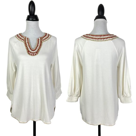 Soft Surroundings | NWT Sarita Top Cream Soft Knit Crochet Neckline 3/4 Sleeve - Picture 2 of 11